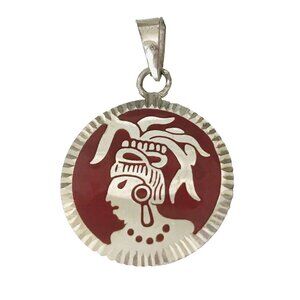 Silver Aztec Mexico Warrior Pendant Red Enamel Crimped Sides Round Vintage